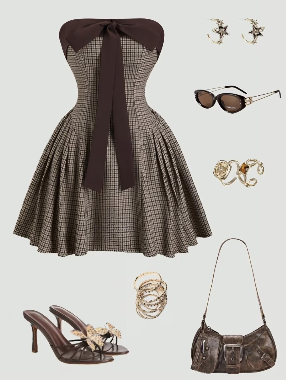 Retro Preppy Style Cami Dress Houndstooth Bow Waist-Cinching A-Line Pleated Skir - Picture 2 of 6